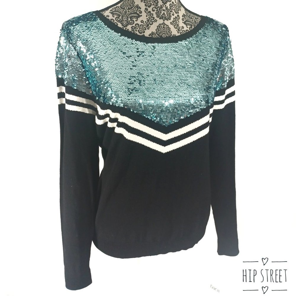 BAR III Sweater Teal Sequin & Varsity Stripe LS Pull Over L NWT